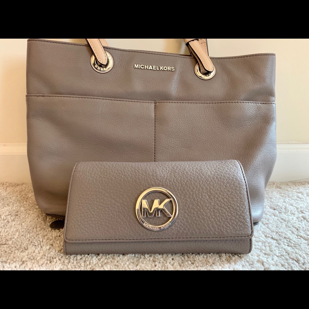 Michael Kors taupe leather shoulder bag and wallet
